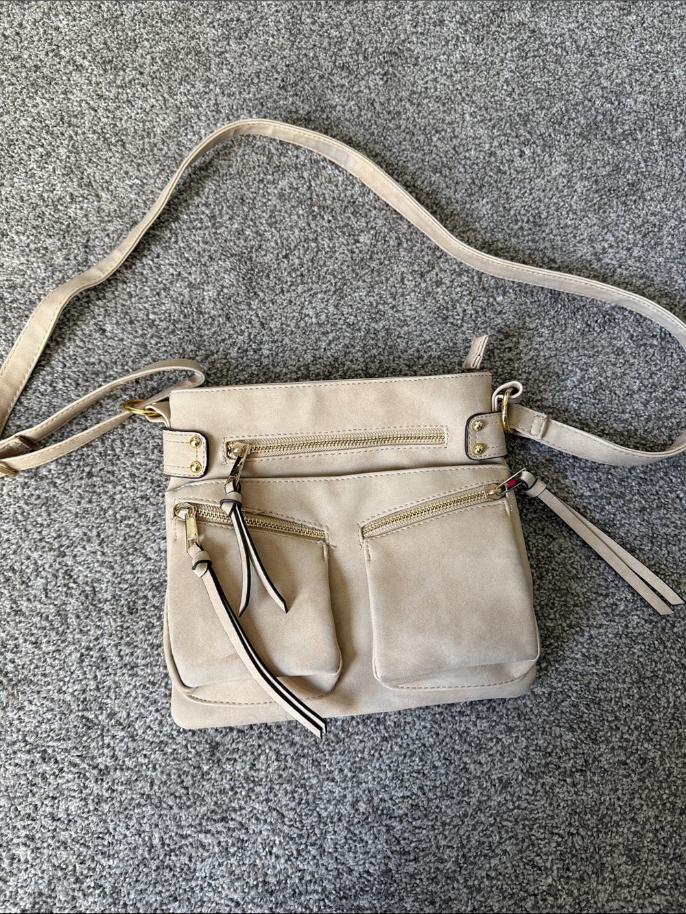 Beige Crossbody Shoulder Bag with Front Zip Pockets